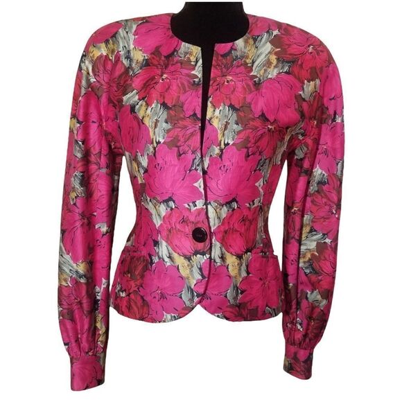 ⭐️ Vintage 1980's Gibson Palermo Shocking Pink Floral Print Silk Jacket sz 8 - Picture 1 of 13